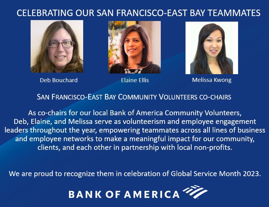 gioiamccarthy's tweet photo. #GlobalServiceMonth appreciation for our #SanFrancisco #EastBay #BACCV co-chairs & #Congrats to 27 local #BayArea @BankofAmerica teammates honored with the prestigious 2022 #PresidentsVolunteerServiceAward for role model community impact! Kudos to these exemplary #BofAVolunteers! https://t.co/Tssq3Lo6P9