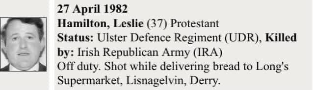 OrangeBlackABOD's tweet photo. In Remembrance of our Murdered Brethren:

COUNTY TYRONE 

27th April 1982 

Bro. James Leslie Hamilton (37) Married. 2 Children. U.D.R. (P/T)

Foyle Purple Defenders L.O.L. 334
Strabane District L.O.L. No.14 

Faithful Unto Death https://t.co/lHHbb0Zdrj