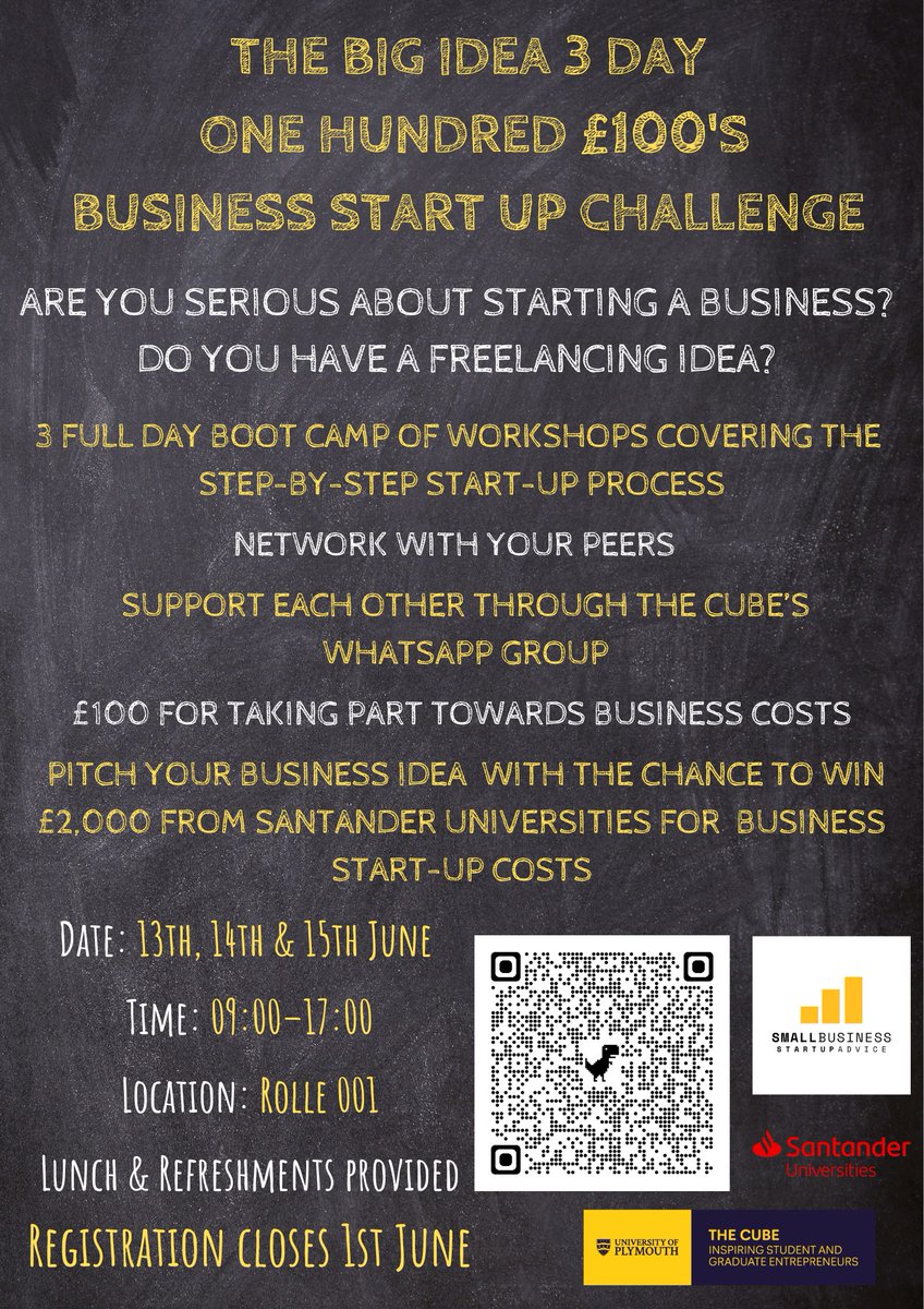 The Cube - University of Plymouth (@thecubeuop) on Twitter photo Are you serious about starting a business?
Do you have a freelancing idea?
An exclusive opportunity for 25 budding <a href="/PlymUni/">University of Plymouth</a> student & <a href="/PlymUniAlum/">University of Plymouth Alumni</a> entrepreneurs to join our 3 day - Big Idea Challenge Boot Camp
13, 14 & 15 June
9-5
Rolle 001
plymouth.ac.uk/about-us/unive… Are you serious about starting a business?
Do you have a freelancing idea?
An exclusive opportunity for 25 budding <a href="/PlymUni/">University of Plymouth</a> student & <a href="/PlymUniAlum/">University of Plymouth Alumni</a> entrepreneurs to join our 3 day - Big Idea Challenge Boot Camp
13, 14 & 15 June
9-5
Rolle 001
plymouth.ac.uk/about-us/unive…