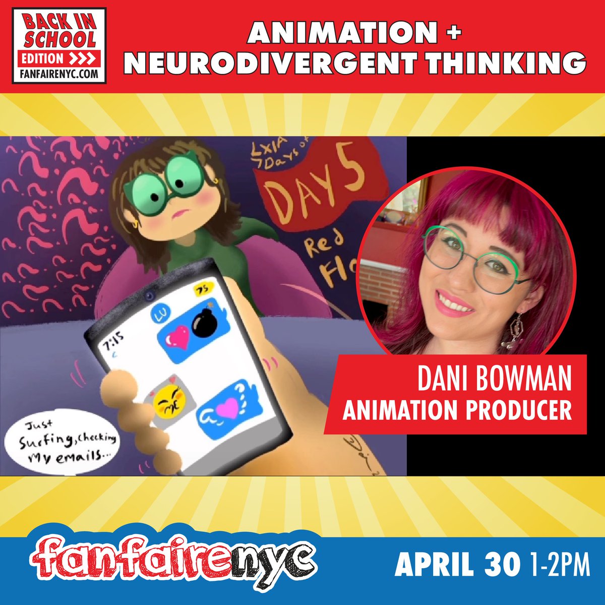 fanfairenyc's tweet photo. Dani Bowman joins us to talk about animation and neurodivergent thinking! This is a virtual presentation with the audience in the library. 

#fanfairenyc2023 - April 29-30 #Fanfaire #comics #comiccon #comicart #comicsartist #artanddesignhs #cosplay #artistalley #nycc #graffarts https://t.co/ZHqAI9ABYf