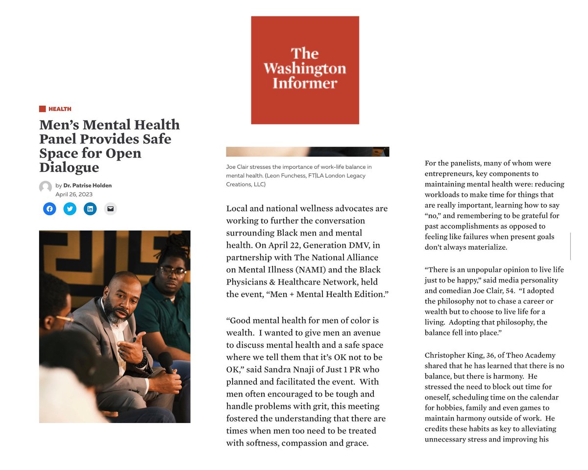 Just1Pr's tweet photo. Thank you do much Dr. Patrise Holden of @WashInformer for this amazing article on @GenerationDmv event last weekend 🙏🏽📰
Full Article 🔗in Bio👉🏽
•
•
•
#GenerationsDMV #soldout #mentalhealthawareness #mentalhealthmatters #menandmentalhealth #networkingevent #menevent https://t.co/MeEP0xIoyi