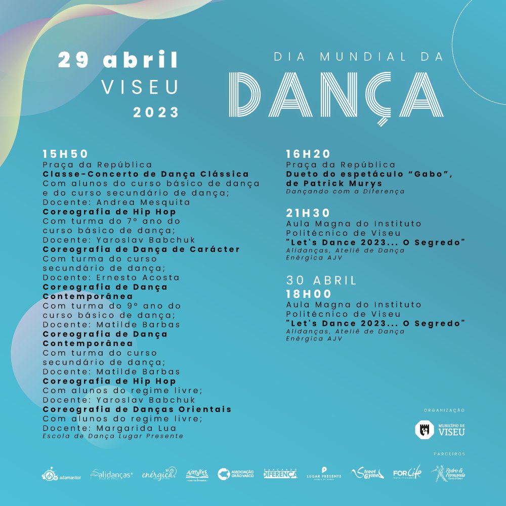 É já este sábado, dia 29 de abril, que Viseu assinala o Dia Mundial da Dança! 🎭

Fique a conhecer toda a programação de um dia que promete levar às ruas e praças da Cidade-Jardim diferentes estilos e ritmos, e envolver toda a comunidade. 🩰

#viseu