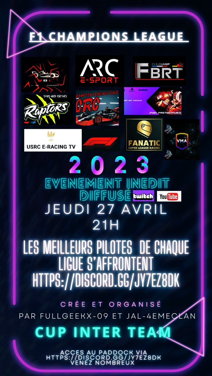 fbrtf1_echamp's tweet photo. 🚨 Alerte Évènement 🚨
▶️ Ce soir 21h la FBRT s’invite à la F1 champions league !!
Nous serons représentés par :
🏎 Kayzor
🏎 Majforti
⏱ Objectif : 1 pilote minimum dans le top 5 !
Rdv ce soir 21h !
#ChampionsLeague #F1 #cup #Team #eSports #interteam #LiveOnTwitch https://t.co/37Rjh8yyRV
