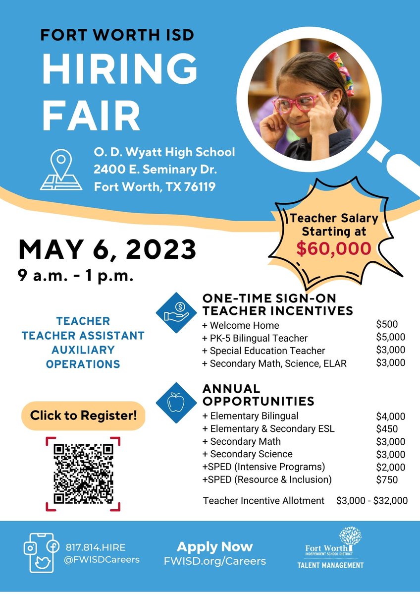 THIS SATURDAY <a href="/FortWorthISD/">Fort Worth Independent School District</a> Talent Management will be hosting a Hiring Fair on Saturday May 6th, 9am - 1pm at O.D. Wyatt HS!  Seeking teachers, teacher assistants, auxiliary, and operations personnel! Share with friends and family. RSVP to attend! 
forms.gle/cso11DgK9TnA4Z…