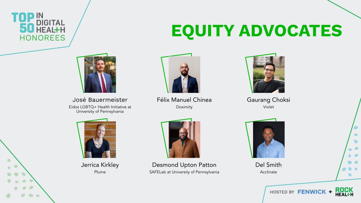 Today we’re thrilled to present the Top 50 in Digital Health honorees from the Equity Advocates category. These are leaders who are advancing context-centered approaches that address health inequities. bit.ly/3nVj5YR #Top50inDigitalHealth