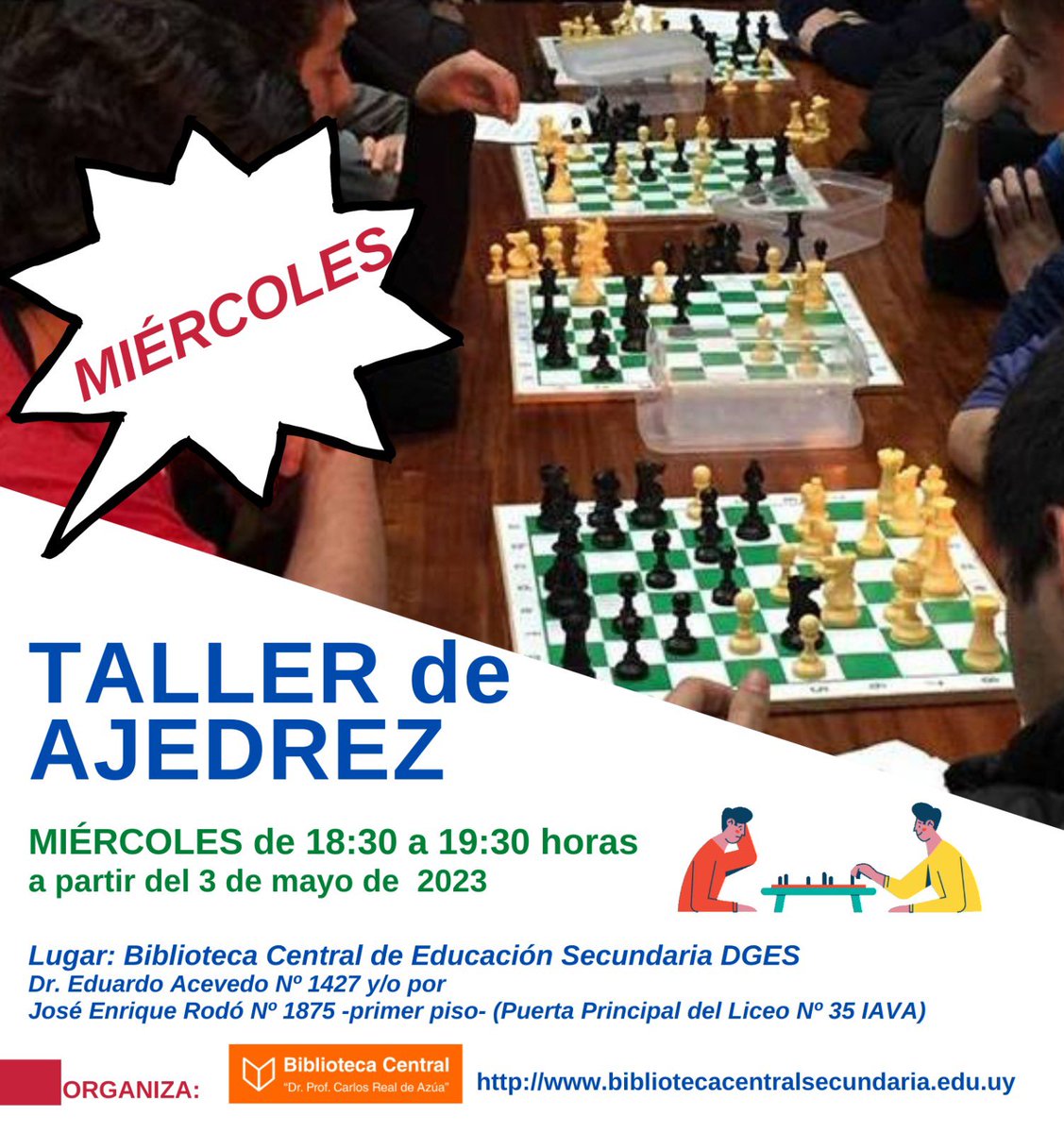 biblioteca_ces's tweet photo. Nos reunimos en Biblioteca Central a jugar al Ajedrez todos los miércoles de 18:30 a 19:30 horas. CUPOS LIMITADOS. Taller gratuito. ¡Los esperamos!♟♟♟ #Ajedrez https://t.co/myYNPwnq2x