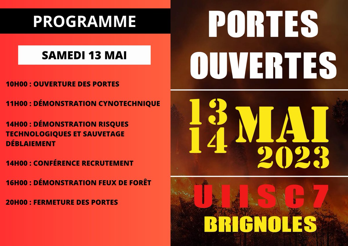 riisc_7's tweet image. [#journéesportesouvertes ] 🚒🤝
Vous ne savez pas quoi faire le week-end du 13 et 14 mai 2023 ?
Venez nous rencontrer et decouvrir nos savoir-faire lors de nos journées portes ouvertes ! 
Voici le programme de ce qui vous attend ces deux jours 👪🐕✈️🚒🔥
#securitecivile #uiisc7