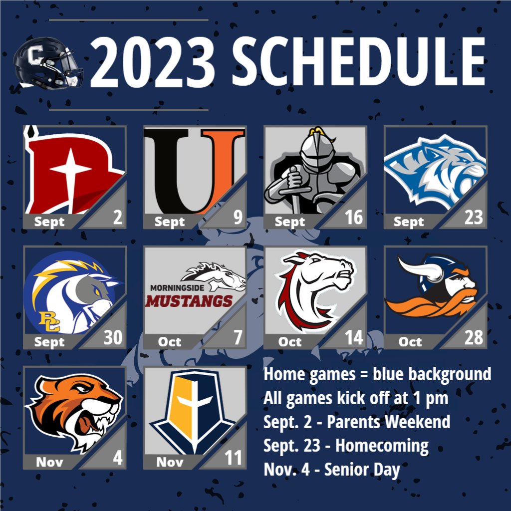 🏈 | The 2023 <a href="/CUNEFootball/">CUNE Football</a> schedule is LIVE! Mark these dates on the calendar. We can't wait to see you at Bulldog Stadium this fall!

SCHEDULE RELEASE ➡️ bit.ly/3HeWBsr.