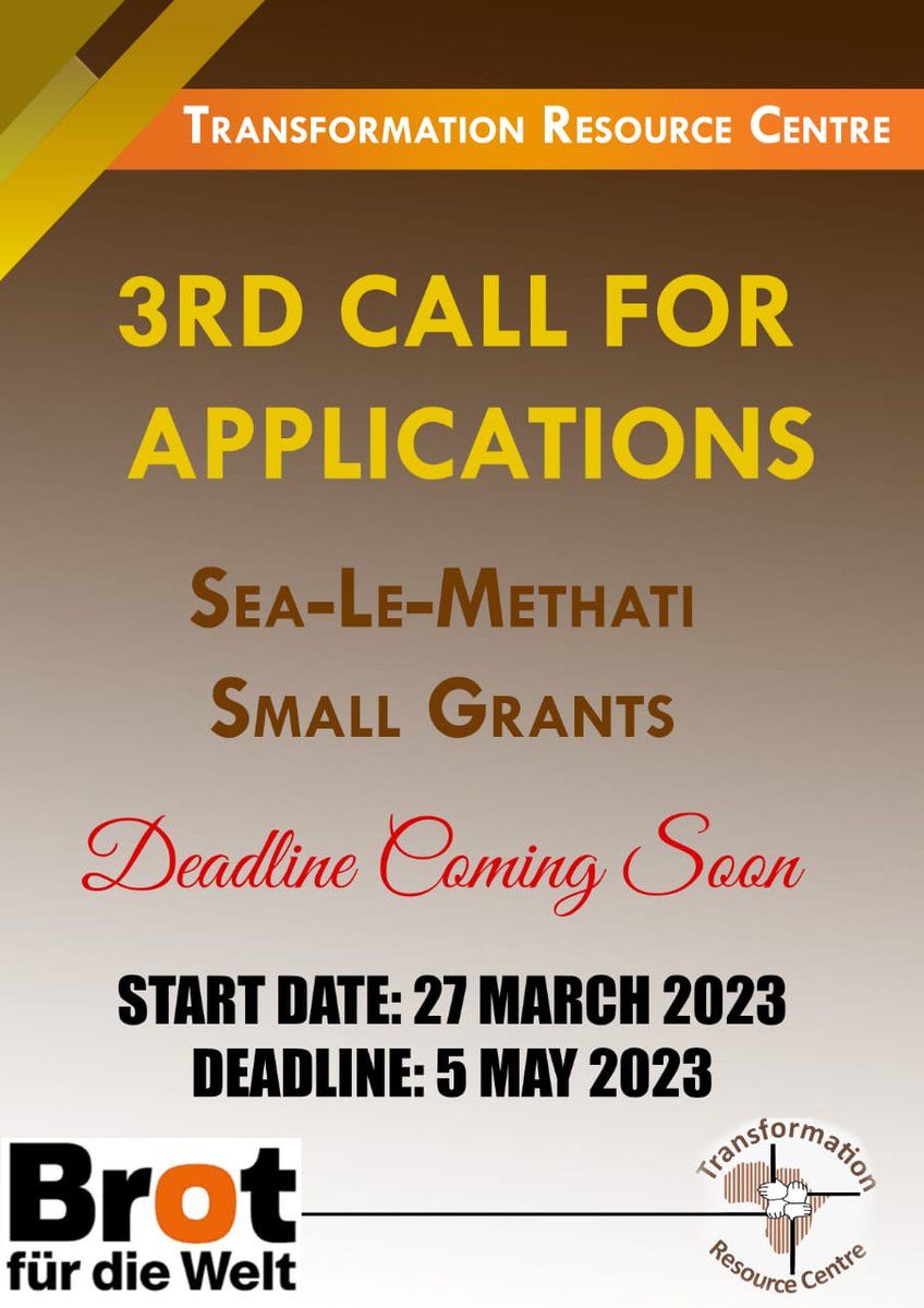 Official Transformation Resource Centre (TRC) (@info1trc) on Twitter photo Small Grants Application deadline on the 5th of May 2023. Small Grants Application deadline on the 5th of May 2023.