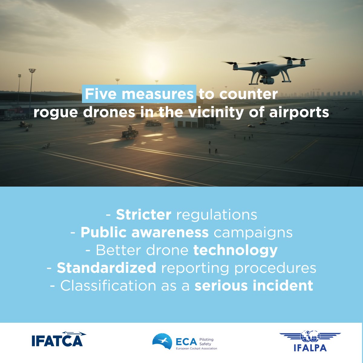 IFALPA's tweet photo. New Joint Position Paper from IFALPA, @ifatca, and @eu_cockpit on Unauthorized Flying of #Drones Near Airports https://t.co/2beU4zZyAn https://t.co/02M9o9Sd7R
