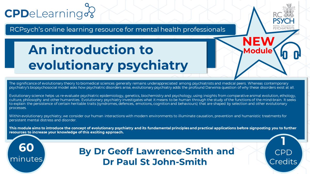 rcpsych_eLearn's tweet photo. A #brand #new #elearning #module has been #published on the #eLearningHub.
The #module 'An introduction to evolutionary psychiatry' is 60 minutes worth 1 #CPDcredit. Select the link below for the new module.
π»π§β‘οΈ https://t.co/uRpz01Ktbo
#learning
#onlinelearning
@DrGeoffLS https://t.co/5y14CF6CdQ
