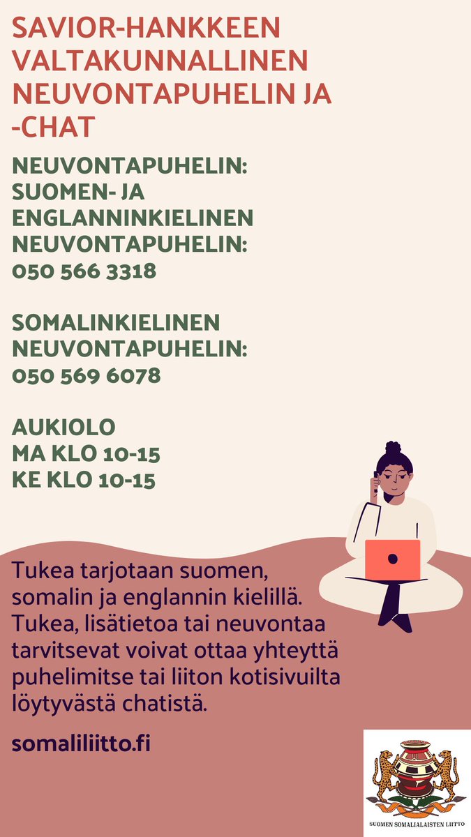 SomaliliittoR's tweet photo. Kuvissa näkyy Savior-hankkeen neuvontapuhelimien ja -chatin aukioloajat. Tapaamisille pyydämme varaamaan ajan alla olevista numeroista. https://t.co/sm4jnlOi6j