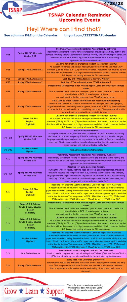 JamieHBarron's tweet photo. TSNAP Calendar Reminder 4/28/23 - a day early!
@tsnaptalk #tsnap
I hope testing is going well for you!!!

Here is the link to my full calendar: https://t.co/NuIOMSNoyT
Be sure to look at the "Hey! Where can I find THAT?" Column" for help with each event/activity. https://t.co/biYYtPKpJr
