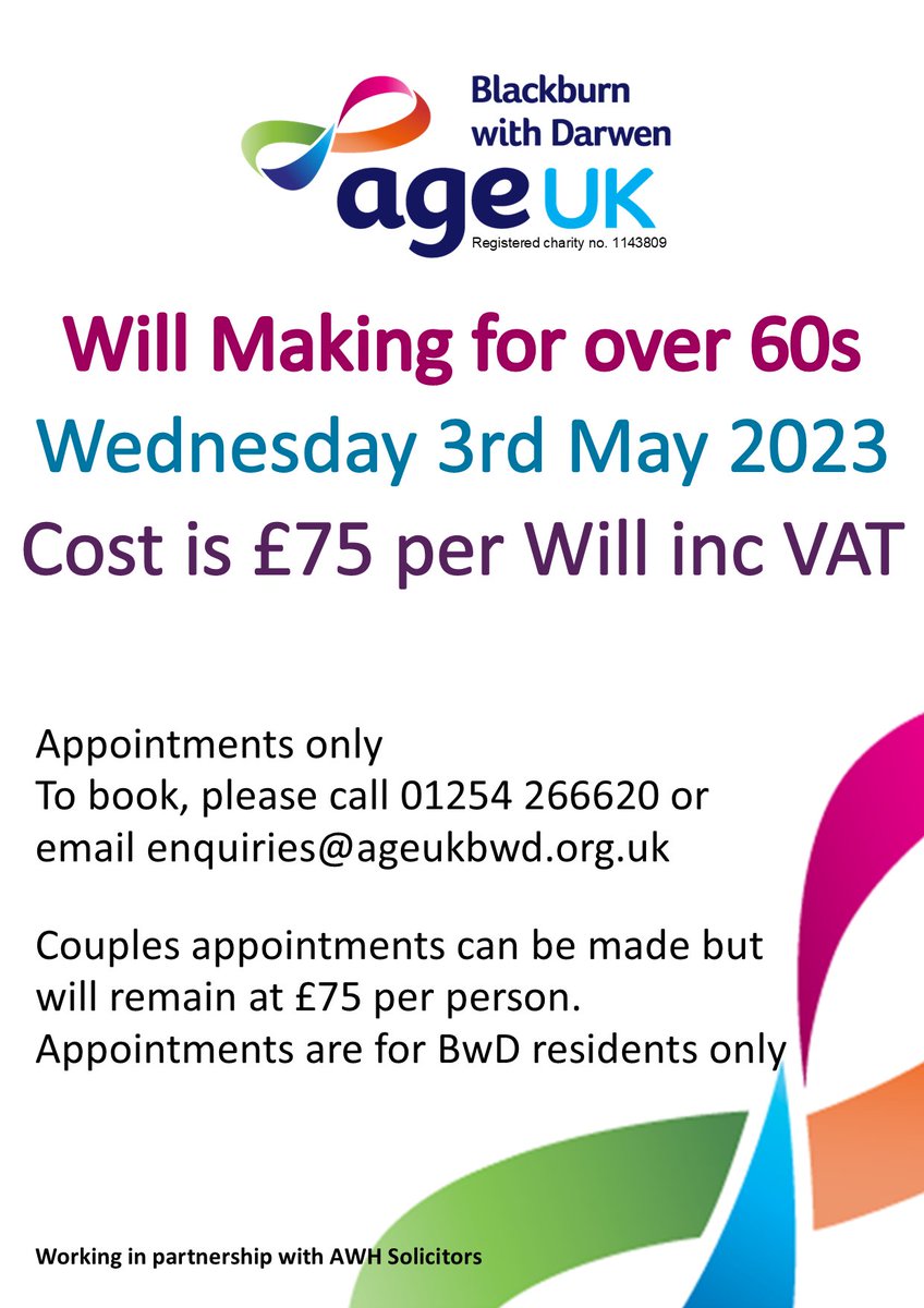AgeUKBwD's tweet photo. We have a couple of spaces left on our will making session for the over 60's in conjunction with AWH Solictors. To book your slot call 01254 266620 or message us
#willmaking #will #planning https://t.co/a4TuiaUBMt