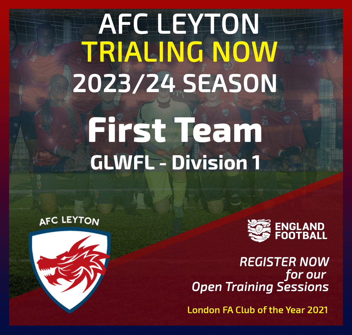 OPEN TRAINING - FIRST TEAM
We have open training for any women aged 16+ wishing to join us from next week: Tuesdays - 02/05, 09/05, 16/05, 23/05 & 30/05.  Arrival 8pm.  Sign up coaching@afcleyton.co.uk
#Squadbooster #FootballTrials #Womensfootball #LondonFootball