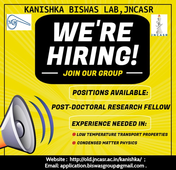 📢WE ARE HIRING. Come, join us. Interested post doc applicants must have research experience in the field of condensed matter physics and low temperature transport properties. Send your application at application.biswasgroup@gmail.com @kanishkabiswas #postdocposition