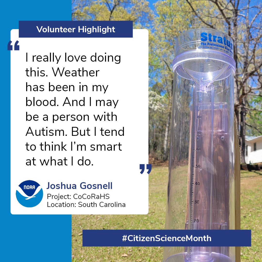 Joshua Gosnell is a lifelong weather enthusiast who has been working with @CoCoRaHS since 2022. Read about his passion for monitoring precipitation with #CitSci: noaa.gov/education/stor… #CitizenScienceMonth #CitizenScienceNOAA @FedCitSci