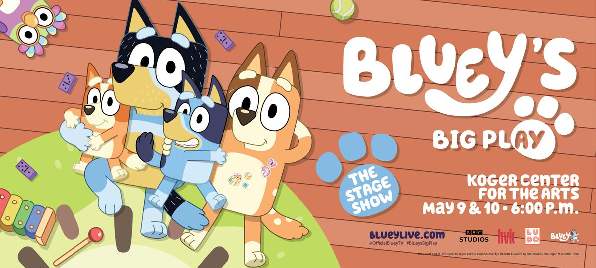 KogerCenter's tweet photo. @OfficialBlueyTV is coming to Columbia May 9 and 10! When Dad feels like a little bit of Sunday afternoon time out, Bluey and Bingo have other plans! Tickets for #BlueysBigPlayColumbia 👉 https://t.co/mh9PViqwkU. #BlueysBigPlay https://t.co/y9DnrOpCWh