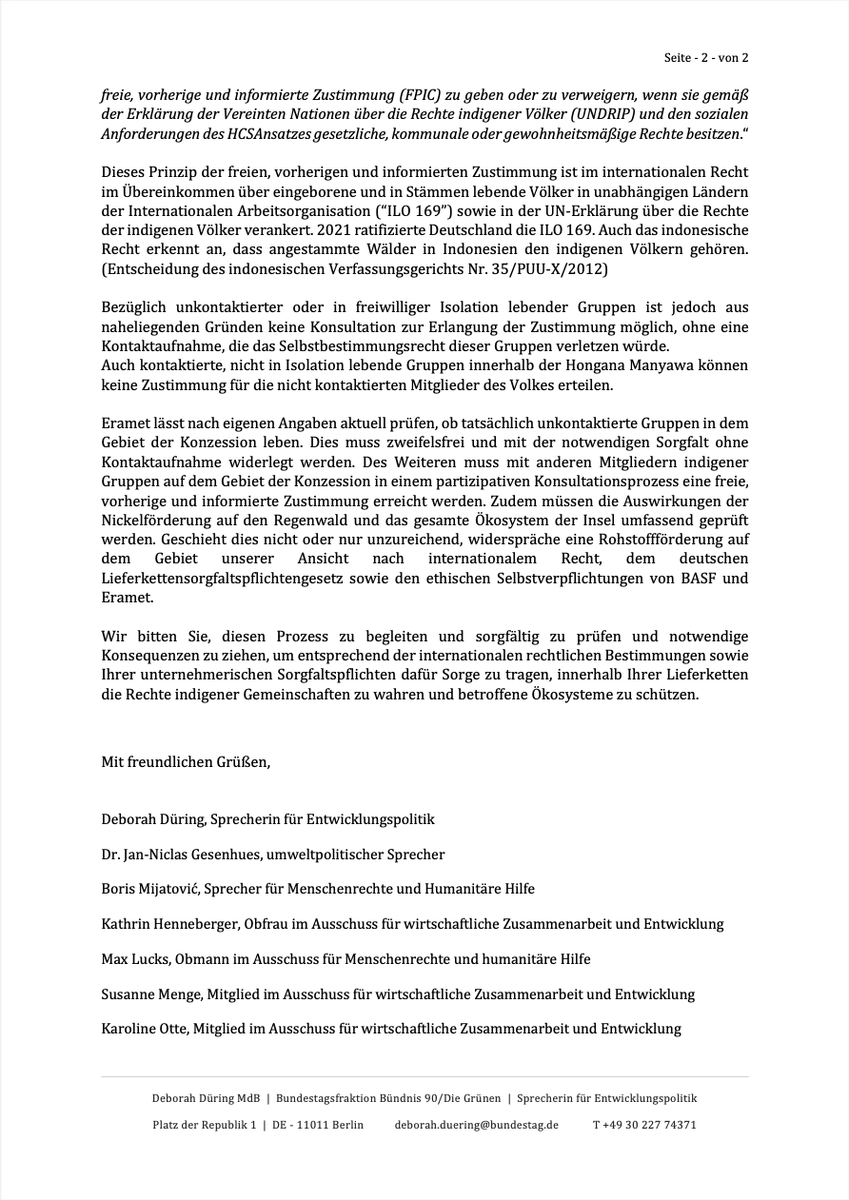 Auch Rohstofförderung für E-Mobilität muss Menschenrechte wahren.
Ich habe mit Kolleg*innen einen Brief an @BASF geschrieben: mögliche Kooperation zum Nickelabbau in Indonesien könnte unkontaktierte indigene Gruppen gefährden und gegen internationales Recht verstoßen. #ILO169