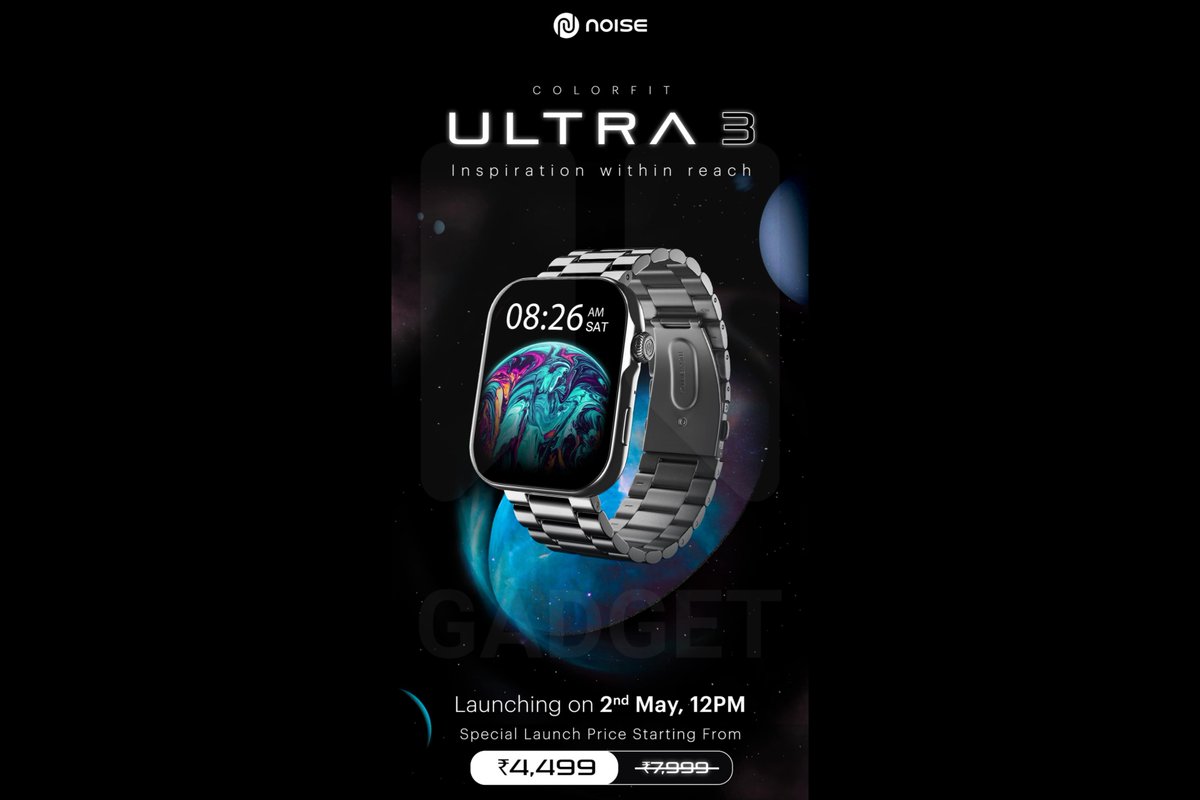 OneilyGadget's tweet photo. Noise ColorFit Ultra 3 is launching on May 2, 2023 at a special price of ₹4,499 in India.
- 1.96" AMOLED always-on display
-  BT calling
- 150+ watch faces, 100 sports mode
- 7 days battery*
- Heart rate, SpO2, stress, sleep, breathe track

#Noise #NoiseColorFit #ColorFitUltra3 https://t.co/bJlpITGbvQ