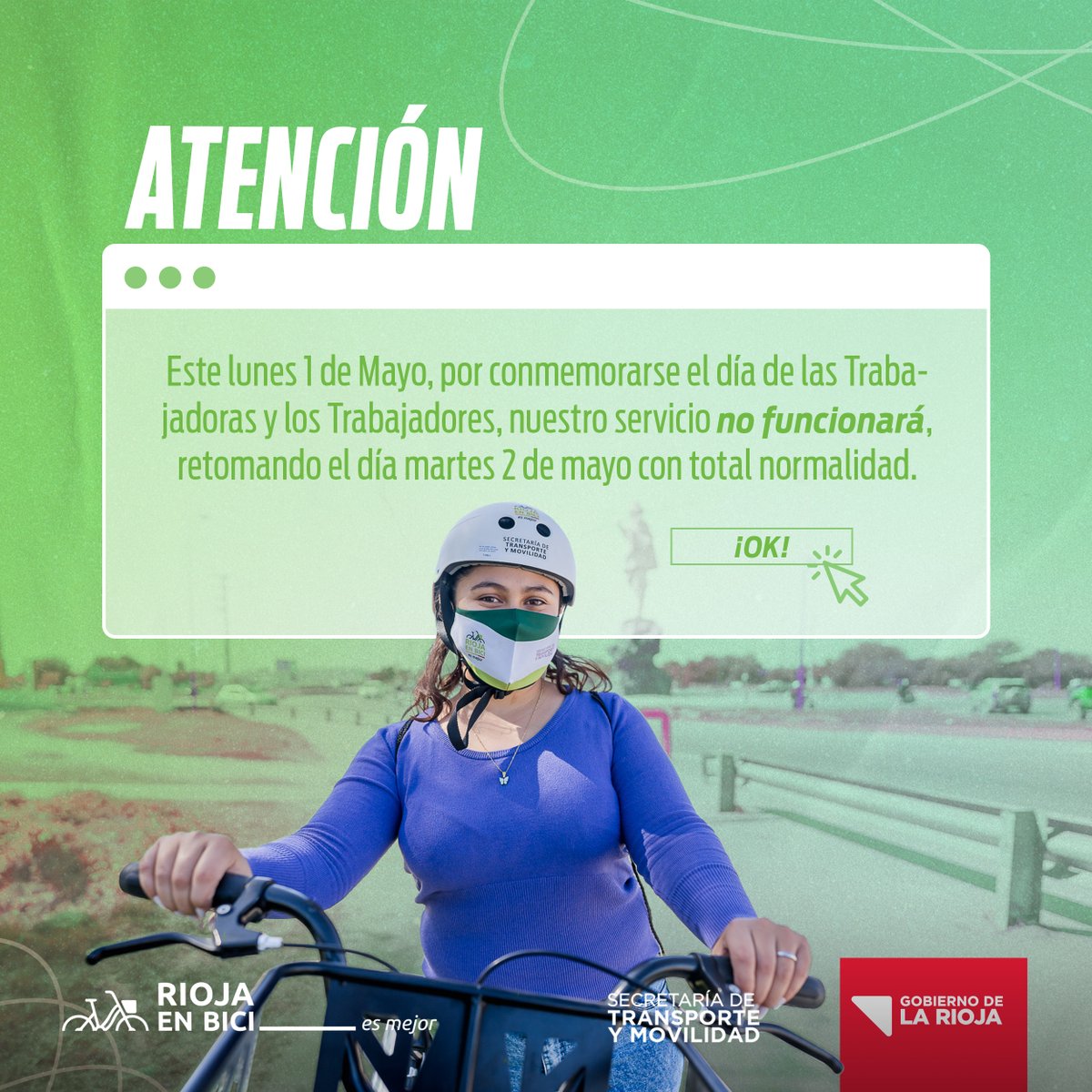 📣 Informamos que debido al Día del Trabajador y la Trabajadora, este lunes 1 de mayo, las bicis no funcionarán.

¡Te esperamos el martes 2 de mayo para seguir pedaleando! 💖