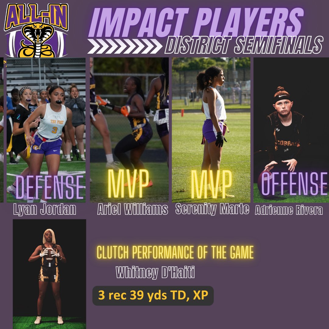 🚨IMPACT PLAYERS🚨 vs Jupiter (District Semis)
<a href="/Serenity561/">Serenity</a> 5 rec 59 yds TD, 2 INT 36 ret yds
<a href="/ariwilli9/">Ariel Williams</a> 3 rec 18 yds TD XP, 6 TKLs 2 INT
<a href="/Adrienne_358/">Adrienne Rivera</a> 16/28 159 yds 3 tot TD
<a href="/LyanJordan2005/">Lyanmarie Jordan</a> 3 TKL, 3 TFL, 2 Sacks
<a href="/WhitneyyD1/">Whitney D'Haiti</a> 3 rec 39 yds TD, XP