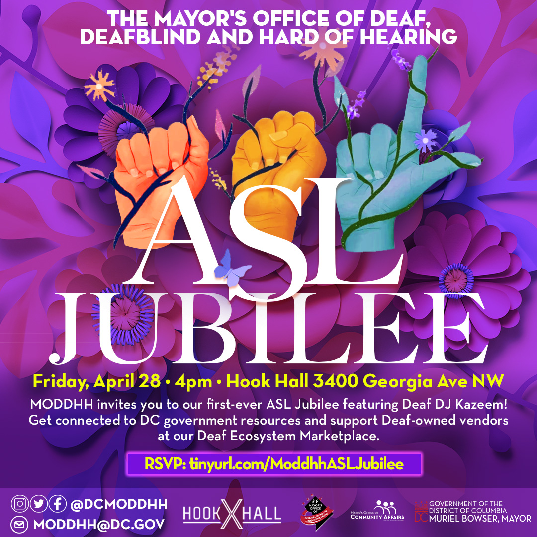 *Drumrolls* Our grand finale to Deaf History Month, ASL Jubilee featuring Deaf DJ Kazeem, is TOMORROW! Join us at Hook Hall at 4pm to mingle with DC gov't agencies, deaf orgs and deaf owned businesses. Entertainment starts at 6pm. Come out to wrap up #DeafHistoryMonth together!