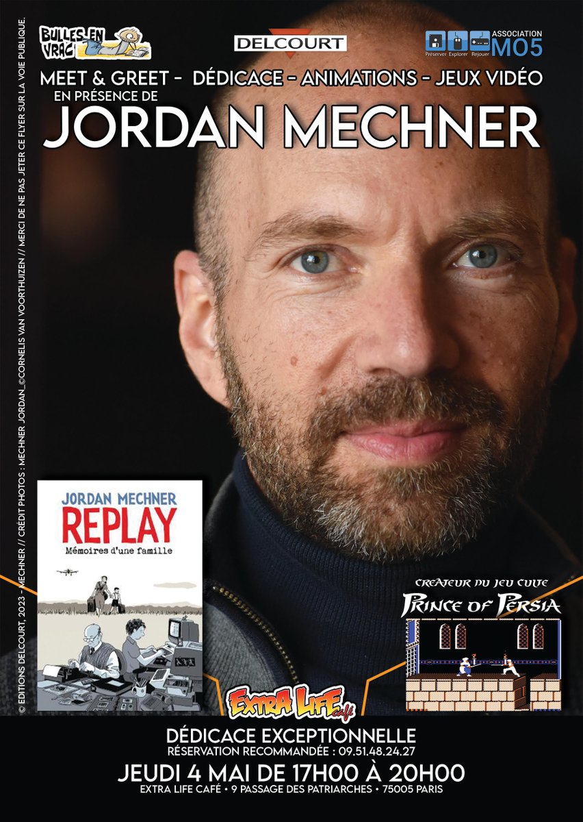 jmechner's tweet photo. Jeudi prochain à Paris (4 mai) en #dédicace au @ExtraLifeCafe ! 📕🖌️J'ai hate de vous rencontrer et de vous présenter ma nouvelle #BD autobiographique REPLAY (et Monte-Cristo, Templiers, La Creation de Prince of Persia) ! @DelcourtBD @GlenatBD @ComixBuro @akileos @ThirdEditions https://t.co/r7nKraebdu