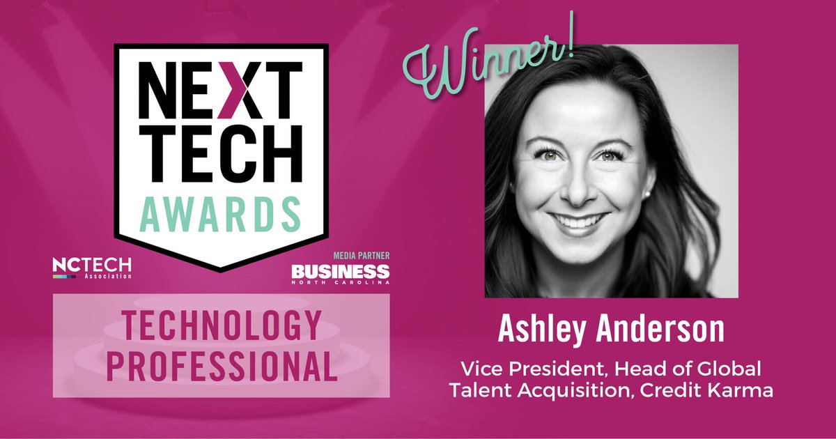 Congrats to @creditkarma's Ashleigh Anderson - winner in the first class of #NEXTTECHAwards w/#NCTECH. Honoring contributors who go the extra mile, build products, grow revenue, support operations, and manage projects that propel businesses forward. nctech.org/events/event/n…