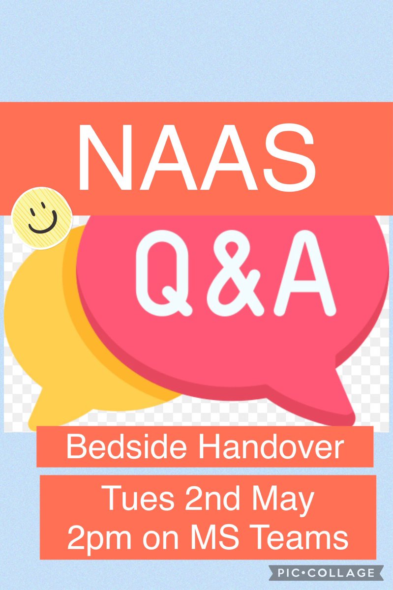 🚨NAAS Q&amp;A SESSION🚨 Tuesday 2nd May at 2pm the NAAS Q&amp;A session will be focusing on bedside handover with guest speaker in attendance. The session is open to all In-patient Nursing teams across the NCA! <a href="/JaneGarforth1/">Jane Garforth</a> <a href="/hcarterrje/">helen carter</a> <a href="/NCAlliance_NHS/">Northern Care Alliance NHS Foundation Trust (NCA)</a> @rhiashworth18 <a href="/natalie_podmore/">Natalie Podmore</a>