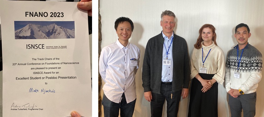 Congratulations to Minke Nijenhuis for winning the excellent student or post presentation award at FNANO2023, where she presented our work on triplex origami and we also had a reunion with two former GothelfLab members Zhao Zhang and Abhichart Krissanaprasit.