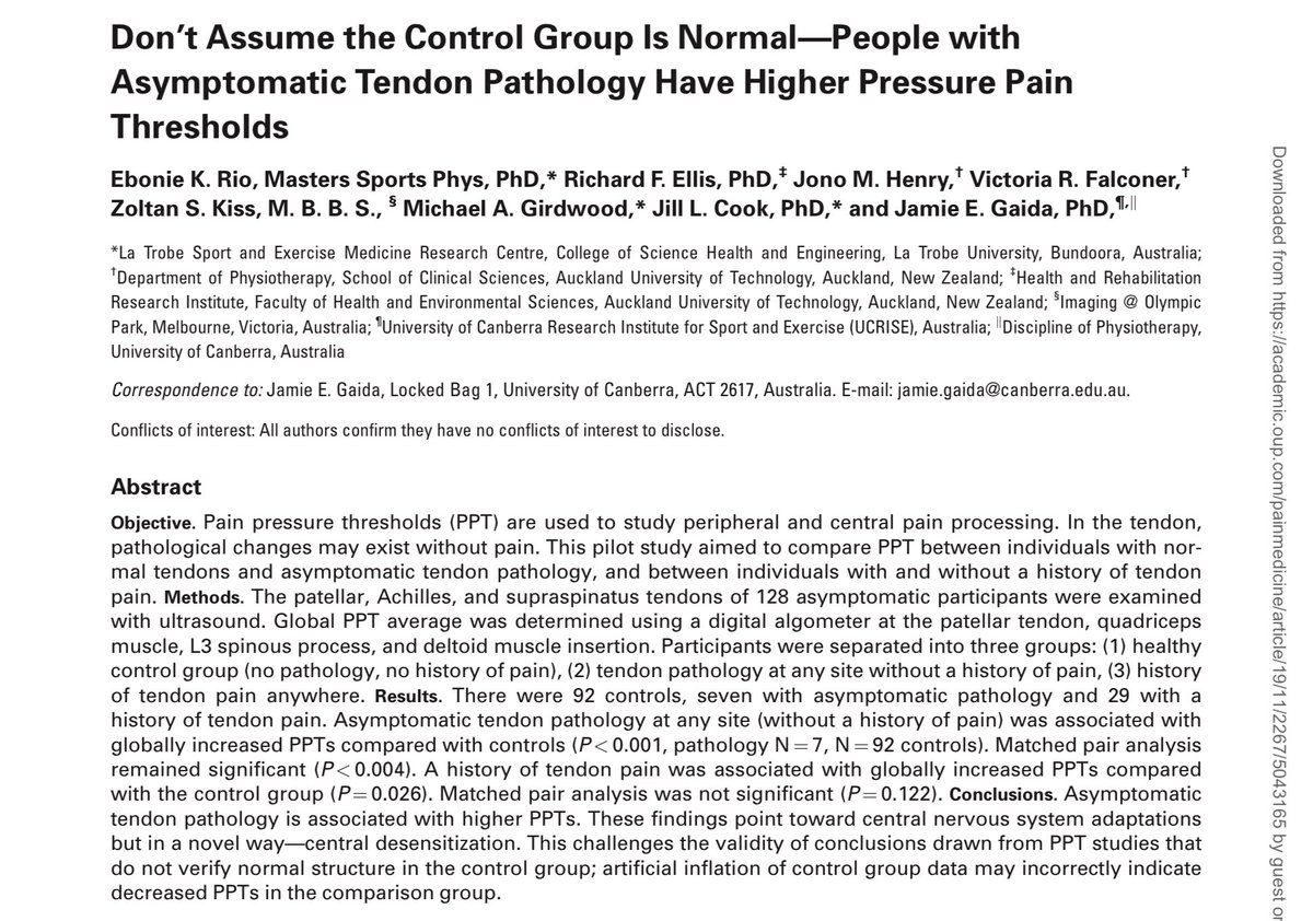 Retlouping's tweet photo. Don’t Assume the Control Group Is Normal—People with Asymptomatic Tendon Pathology Have Higher Pressure Pain Thresholds

https://t.co/95U3cszbRJ

Asymptomatic tendon pathology is associated with higher PPTs. point toward central adaptations novel way central desensitization https://t.co/tzyshL7ZYq