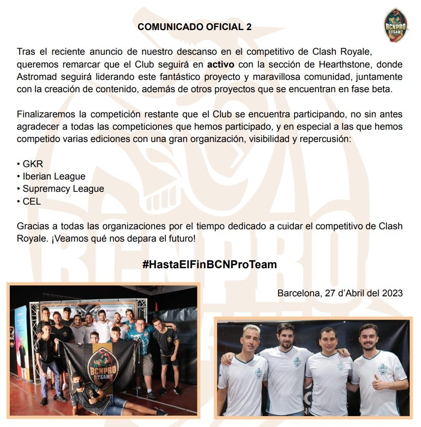 🚨 COMUNICADO OFICIAL 2 🚨

<a href="/hearthstone_es/">Hearthstone España</a> | <a href="/EsportsRoyaleEN/">Clash Royale Esports</a> | <a href="/TwitchES/">Twitch ES</a> 

#HastaElFinBCNProTeam