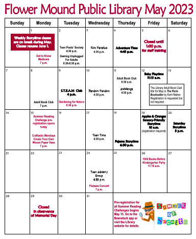 The <a href="/FMPublicLibrary/">Flower Mound Public Library</a> has released their May event Calendar! May 15th is pre-registration for their summer reading challenge! #LISDReads #CommunityPartnerships
