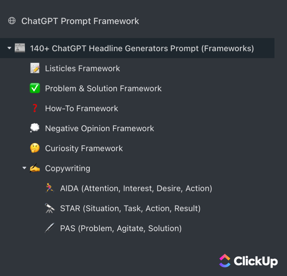 I've prepared a ClickUp resource of 140+ ChatGPT Headline Generator Prompts (with Examples)

It is FREE today

But after 24 hours, it will cost $$$

To get it

1) Like
2) Retweet
3) Comment '✌🏻'

And I'll send it to you for FREE

You should be following me so that I can DM you