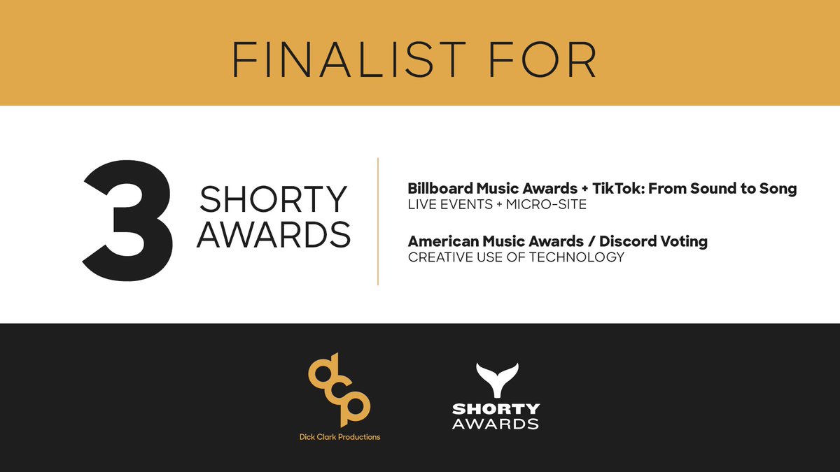 dickclarkprod's tweet photo. We're thrilled to announce that Dick Clark Productions is a finalist for 🌟 THREE 🌟 @shortyawards! Congrats @BBMAs and @AMAs for being recognized 🏆  

BBMAs/@tiktok_us voting ➡️ https://t.co/4j7djOJPYj
AMAs/@discord voting ➡️ https://t.co/ZLo7fvA3S8 https://t.co/DIhgRK9l56