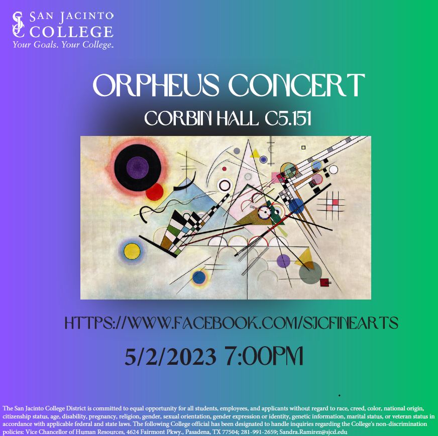 SJCCMusic's tweet photo. Due to the college closure at 2:00 PM today, tonight's ORPHEUS concert has been postponed to Tuesday, May 2 at 7 pm!  @sanjaccollege #sjcspring23 #sjcfreeconcert https://t.co/i7YibqsaUg