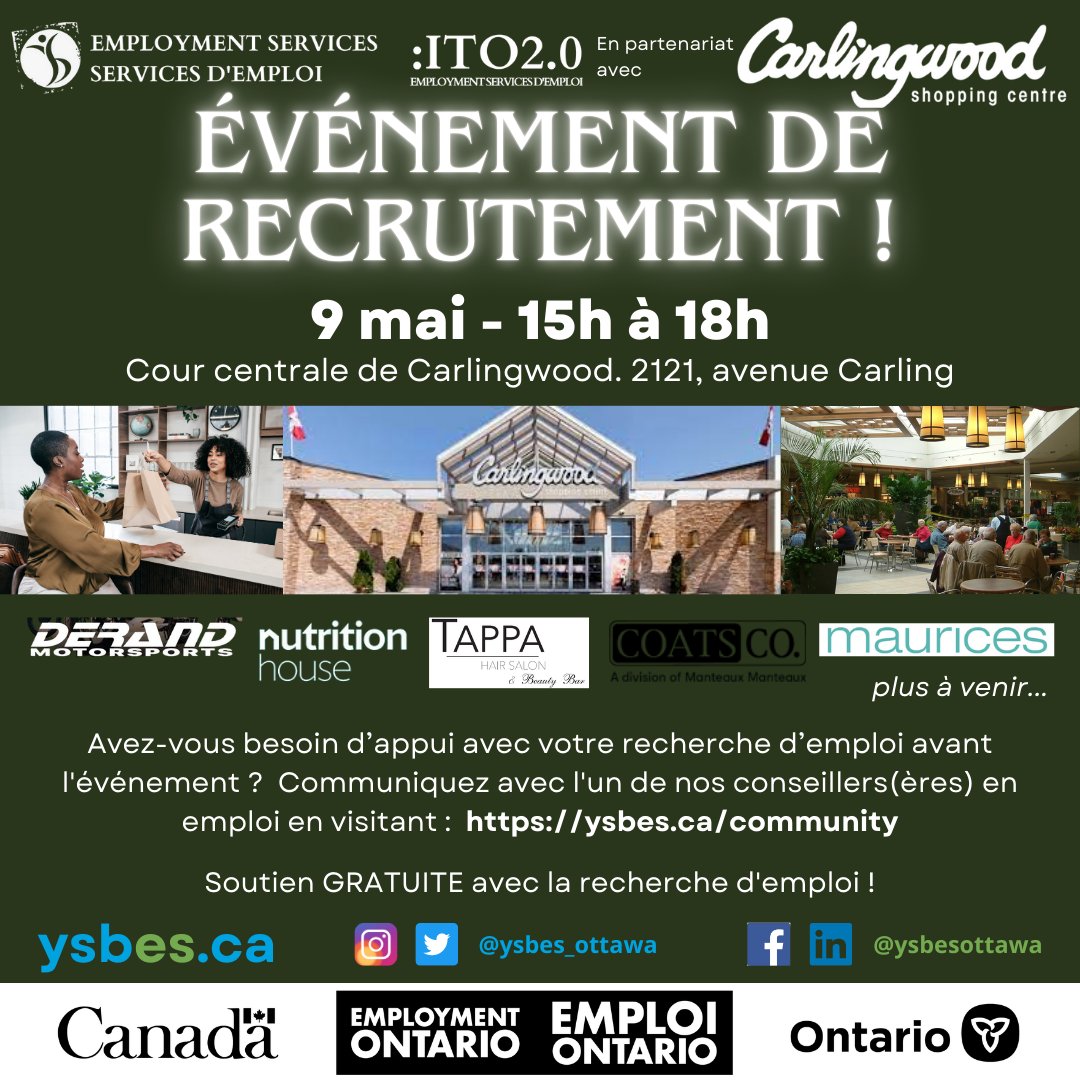 YSBES_Ottawa's tweet photo. Carlingwood Retail Hiring Event!
May 9th from 3pm to 6pm

https://t.co/B2Qz4BBYXR to learn more!

#ONJobs #EveryoneWelcome #OttawaWorks #Work #Interview #Career #JobSeekers #YSBES #AllAges #JobsInOttawa #Employment #Ottawa #Jobs #FreeServices #retail https://t.co/jyEk868inr
