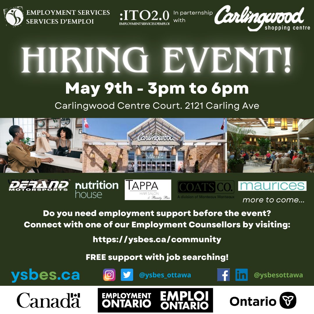 YSBES_Ottawa's tweet photo. Carlingwood Retail Hiring Event!
May 9th from 3pm to 6pm

https://t.co/B2Qz4BBYXR to learn more!

#ONJobs #EveryoneWelcome #OttawaWorks #Work #Interview #Career #JobSeekers #YSBES #AllAges #JobsInOttawa #Employment #Ottawa #Jobs #FreeServices #retail https://t.co/jyEk868inr
