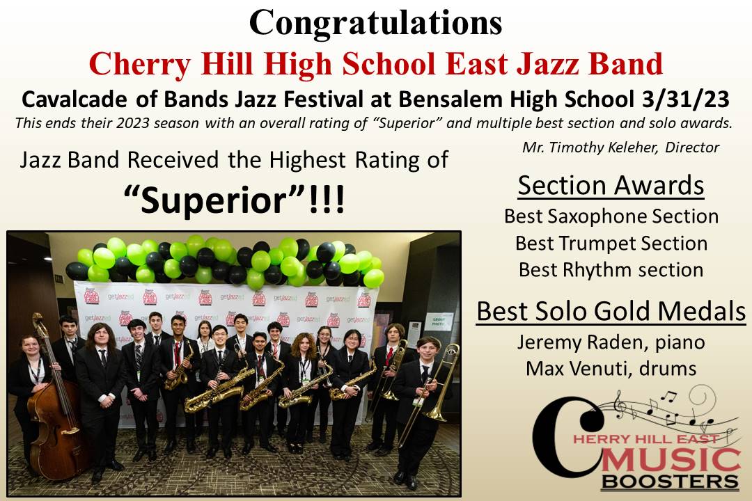 👏 The Cherry Hill East Jazz Band closed out their Cavalcade of Bands Jazz Competition season at Bensalem HS receiving the highest rating of “Superior”, Best Saxophone, Trumpet, Rhythm sections. Watch their award winning performance! youtu.be/b9km27Bgq4o