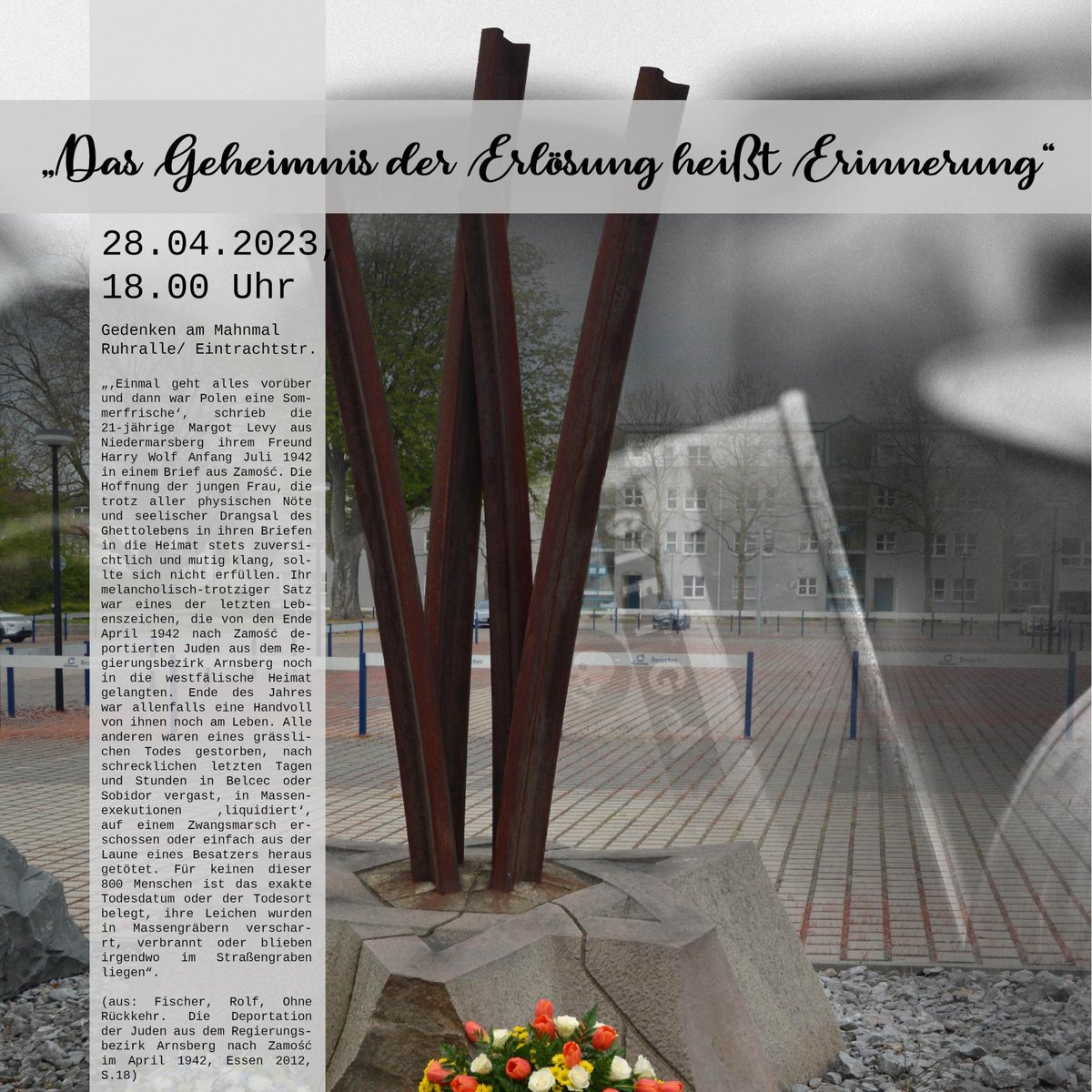 Vergessen kann es nie geben. Also lassen Sie uns gedenken.
Herzliche Einladung zur Gedenkstunde am Mahnmal Ruhrallee/ Markgrafenstr. am Freitag, dem 28.04.2023, 18.00 Uhr
#gedenken
<a href="/DORTMUND_DAILY/">Uwe Pfeiffer</a>
@ekk_do
<a href="/BVB/">Borussia Dortmund</a>