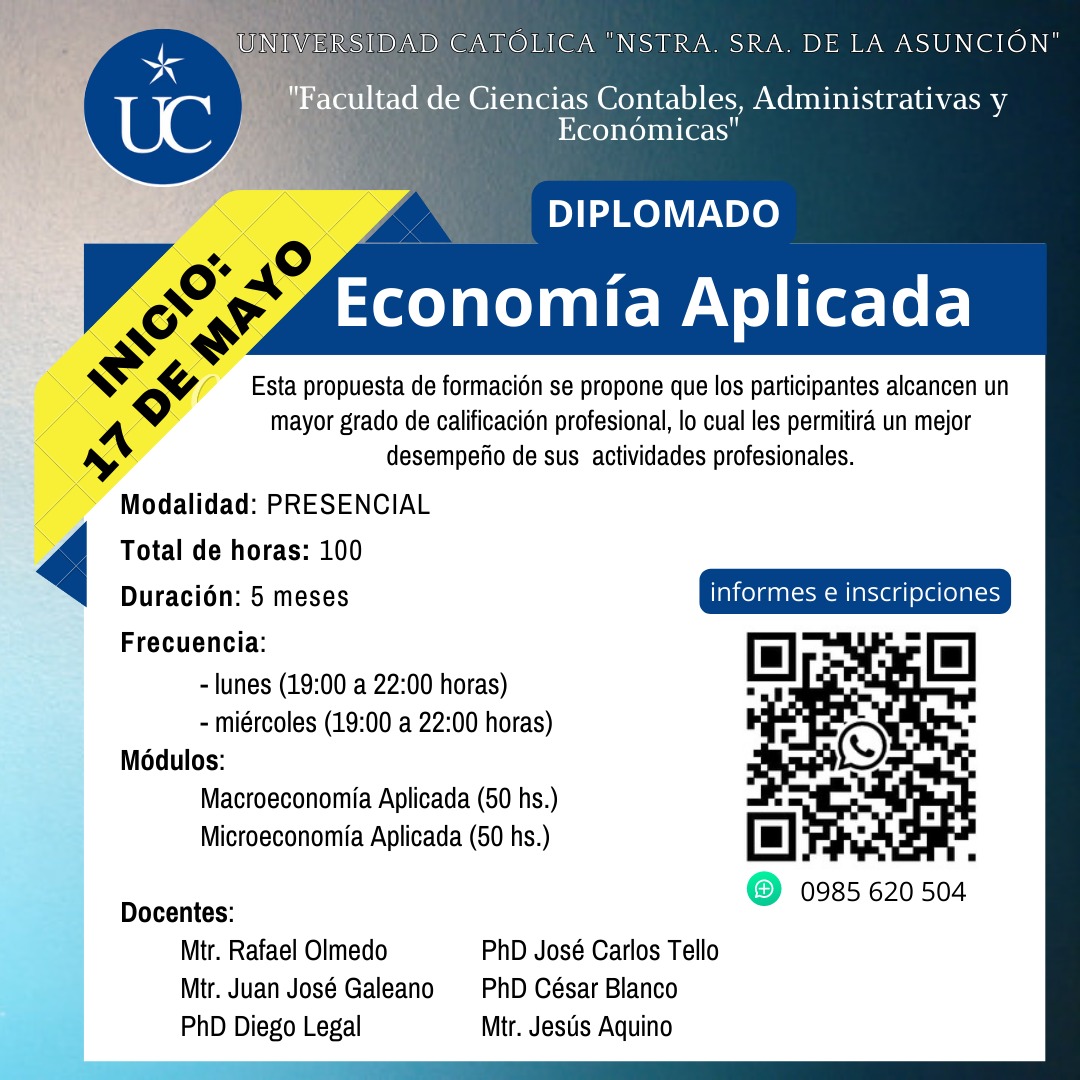 joctello's tweet photo. Hola! 👋 Quiero contarles que este 17 de mayo vuelve el Diplomado de Economía Aplicada en la Universidad Católica! ¡Esta vez en formato presencial! Podrás interactuar con profesores especialistas en sus respectivas áreas. Más información 👇 https://t.co/Eeto3tbEHa