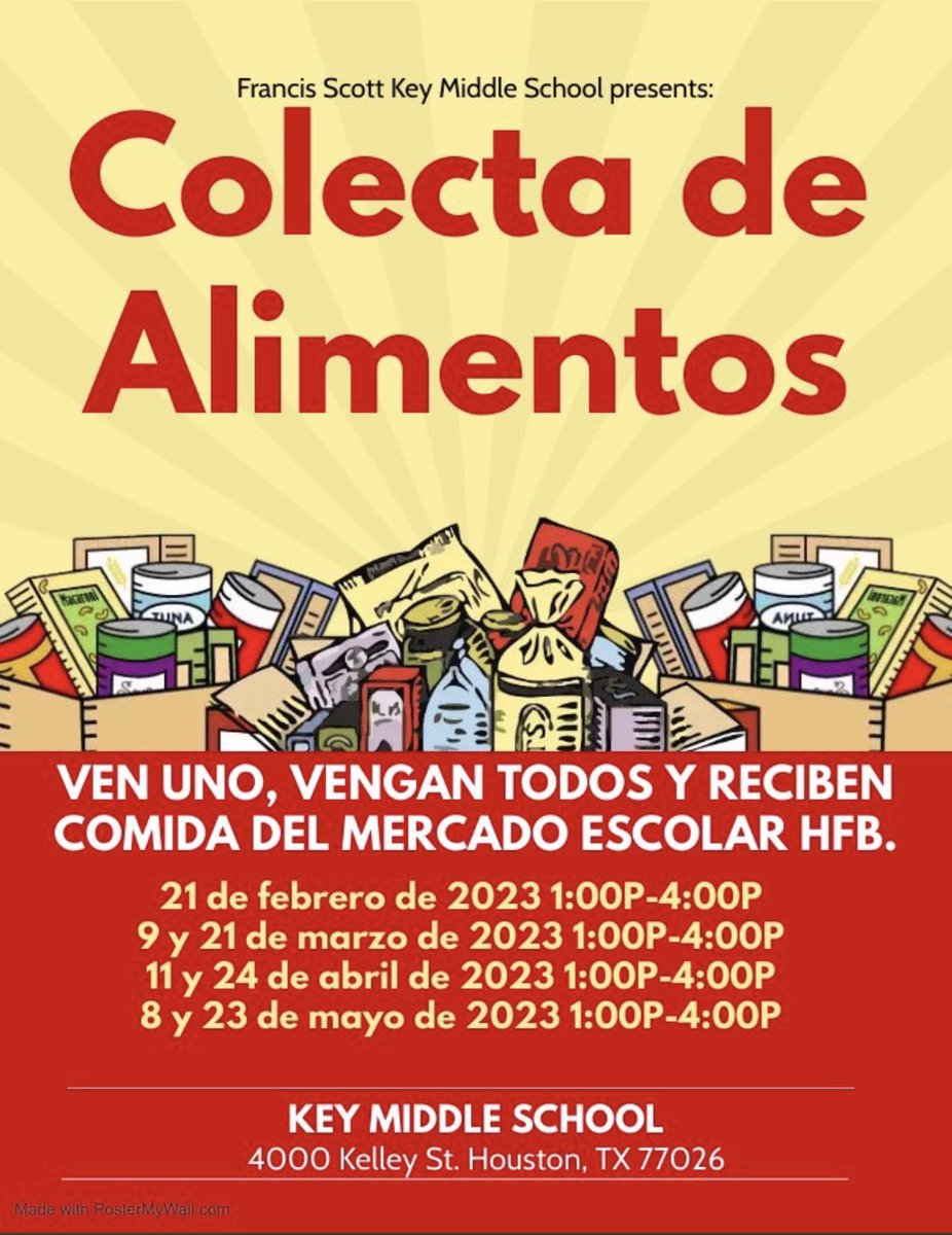 Due to testing <a href="/KeyMS_Cougars/">THE Francis Scott Key Middle School</a> had to switch the Food Bank Drive to April 28th from 1p-4p! Please stop by to get some food for our scholars and their families! @CIS_KeyMS <a href="/houstongent/">kdowney</a> <a href="/BetsyRossElem/">Betsy Ross ES</a> <a href="/KashmereGardens/">Kashmere Gardens</a> <a href="/KashmereHS/">Kashmere High School</a> @oliviaFACE_ <a href="/HISDREADY2RISE/">READY2RISE</a>