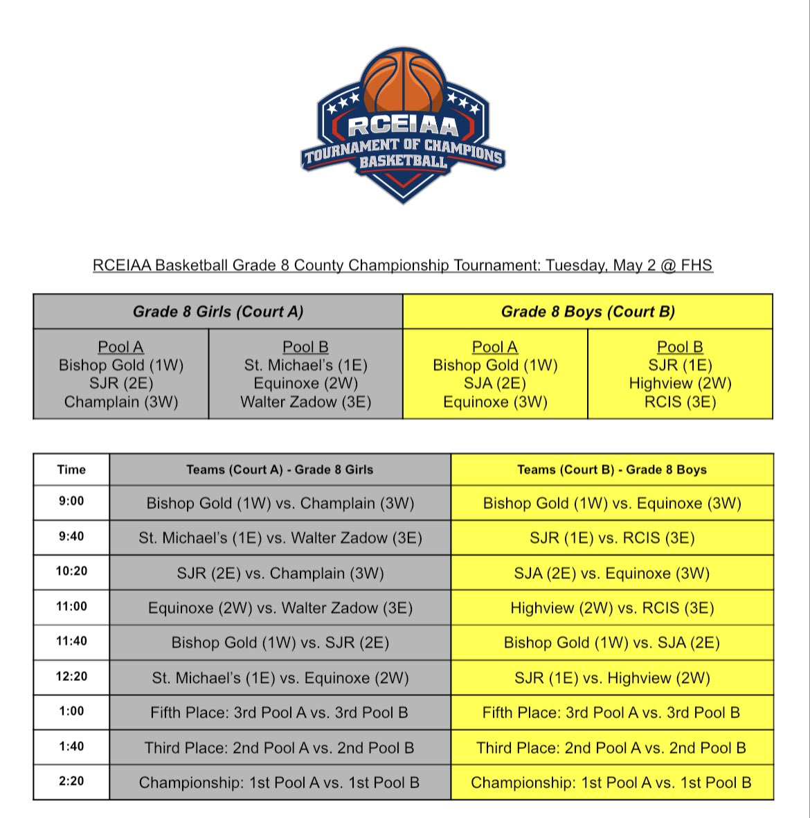 The teams are set for the 2023 RCEIAA Basketball Tournament of Champions! May 2 at FHS. Check out our YouTube channel for the live stream!