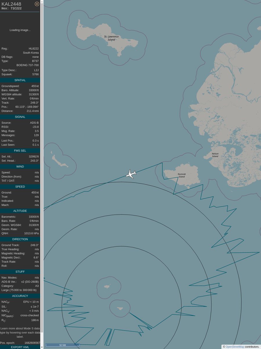 #PlaneAlert ICAO: #71C222 Tail: #HL8222 Flt: #KAL2448 
Owner: #KoreanAir
Aircraft: #Boeing 737-BBJ
2023/04/27 06:42:24
#B737 #NutRage #BoeingBusinessJet #SnakeEyes w.wiki/4mkn 
globe.adsbexchange.com/?icao=71C222&s…