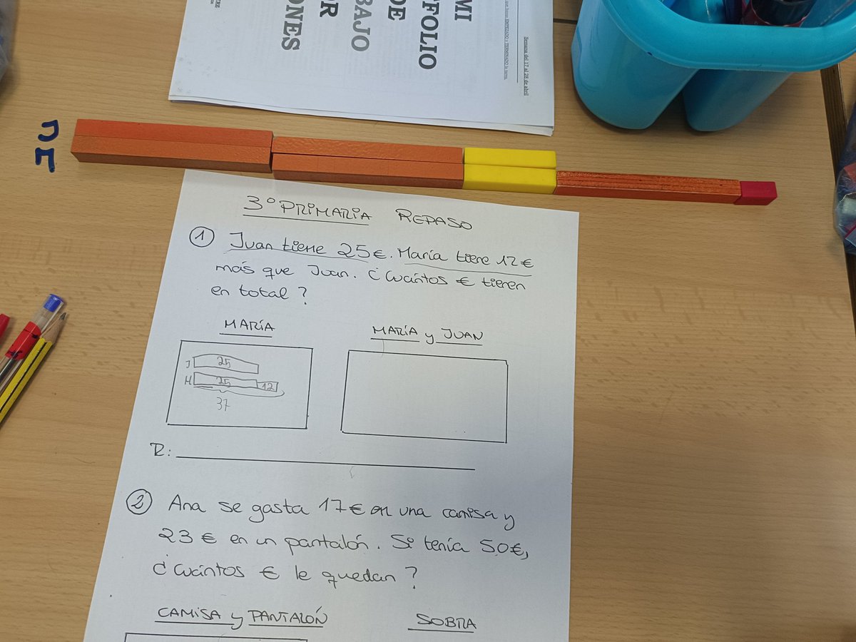 marcos_oaoa's tweet image. 3° Primaria.
2 operaciones.
Resolución de problemas.
Modelo de barras
!uffffff cómo ha costado ese "más que! Y entender la necesidad de resolver una situación primero y luego la otra.
Poco a poco.
Eso sí, luego multiplicaciones de 3 y 4 cifras para no bajar el nivel.