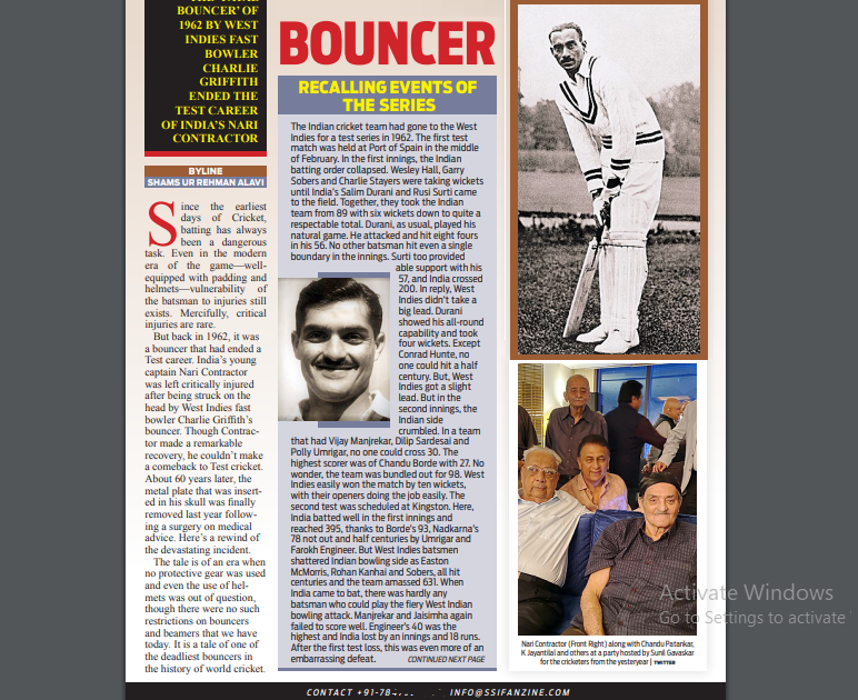 indscribe's tweet photo. In the cocktail party on the eve of match, Frank Worrell had cautioned that there is a bowler who is rough & had injured a batsman earlier & didn't even apologize.

Next day, Nari Contractor faced Charlie Griffith. There were no helmets then. The bouncer hit him in the head, blood spilled on pitch & he collapsed holding his head. 

It took days before millions of anxious cricket lovers realised that he would live on, had survived the blow. A metal plate was inserted and after 60 yrs, removed in surgery last year. A part of my long story about Nari Contractor.

Thanks Dr sb, @SarthakPatnaik8 @ssifanzine https://t.co/sQqiiMwP0t #Sports #Cricket #NariContractor #SportsInjury #Sportsinjuries @SravaniSarkar