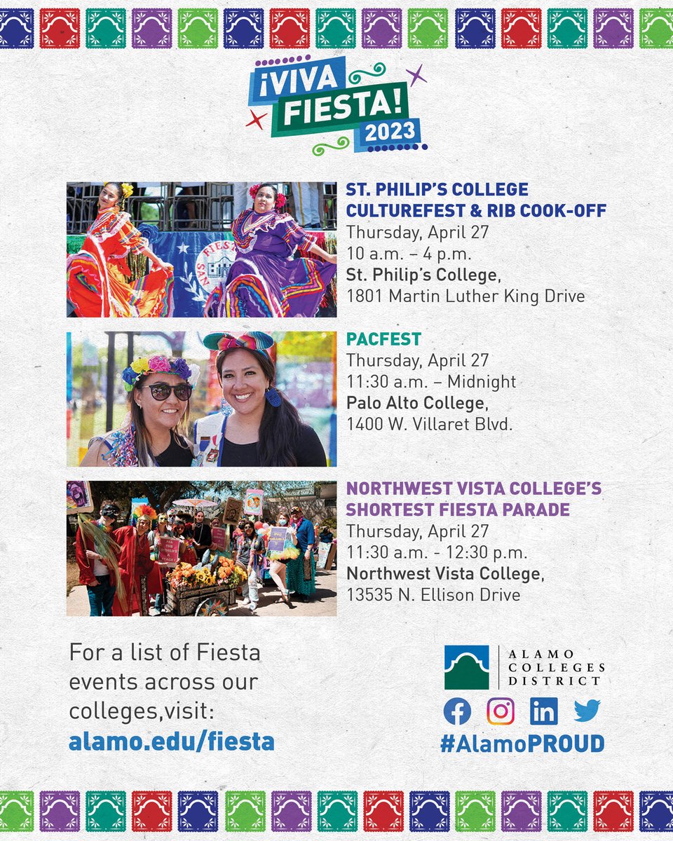 Fiesta Food, parades, live music, and more! You won't want to miss these fun-filled Fiesta events happening across the #AlamoColleges district today. 🥳🎉🍗✨
#FiestaSA2023
Visit alamo.edu/fiesta for more details.