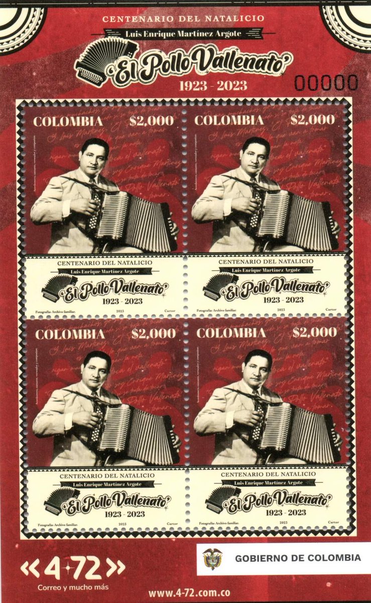 472Colombia's tweet photo. En el marco del Festival de la Leyenda Vallenata de Valledupar lanzamos nuestra nueva Emisión Filatélica homenaje a Luis Martínez “El Pollo Vallenato”.

Serán 60 mil estampillas que circularán a partir de hoy a través del Operador Postal Oficial de Colombia: 4-72
@Ministerio_TIC https://t.co/ykvQOTAjcw