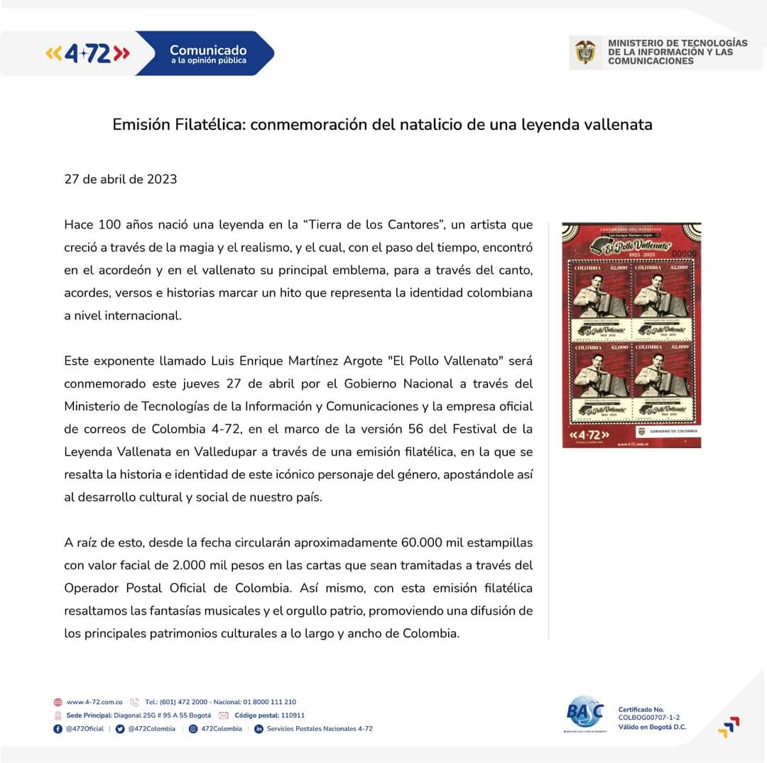 472Colombia's tweet photo. En el marco del Festival de la Leyenda Vallenata de Valledupar lanzamos nuestra nueva Emisión Filatélica homenaje a Luis Martínez “El Pollo Vallenato”.

Serán 60 mil estampillas que circularán a partir de hoy a través del Operador Postal Oficial de Colombia: 4-72
@Ministerio_TIC https://t.co/ykvQOTAjcw